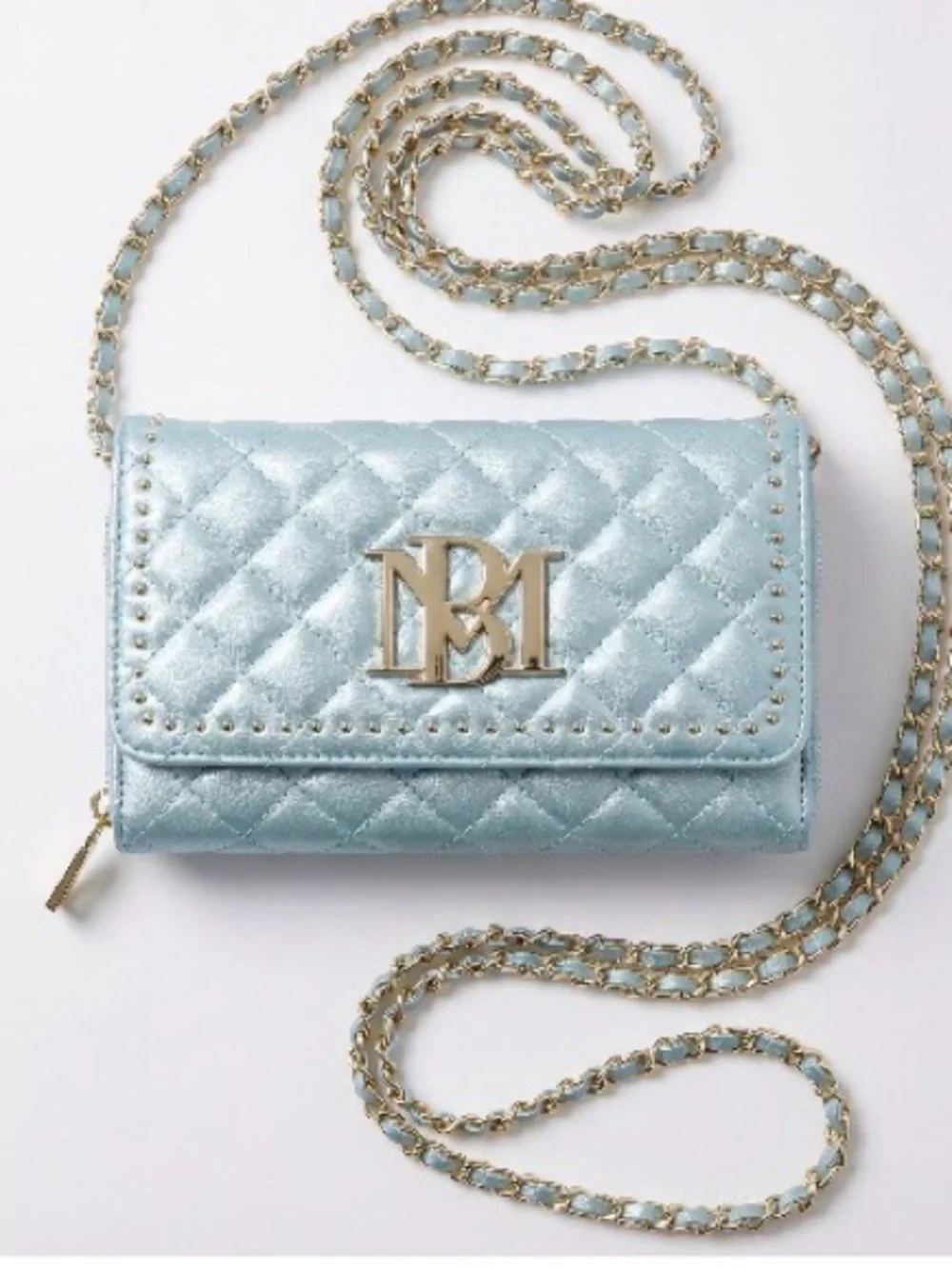 Badgley Mischka Quilted Light Blue Crossbody Wallet with Gold Chain and Logo